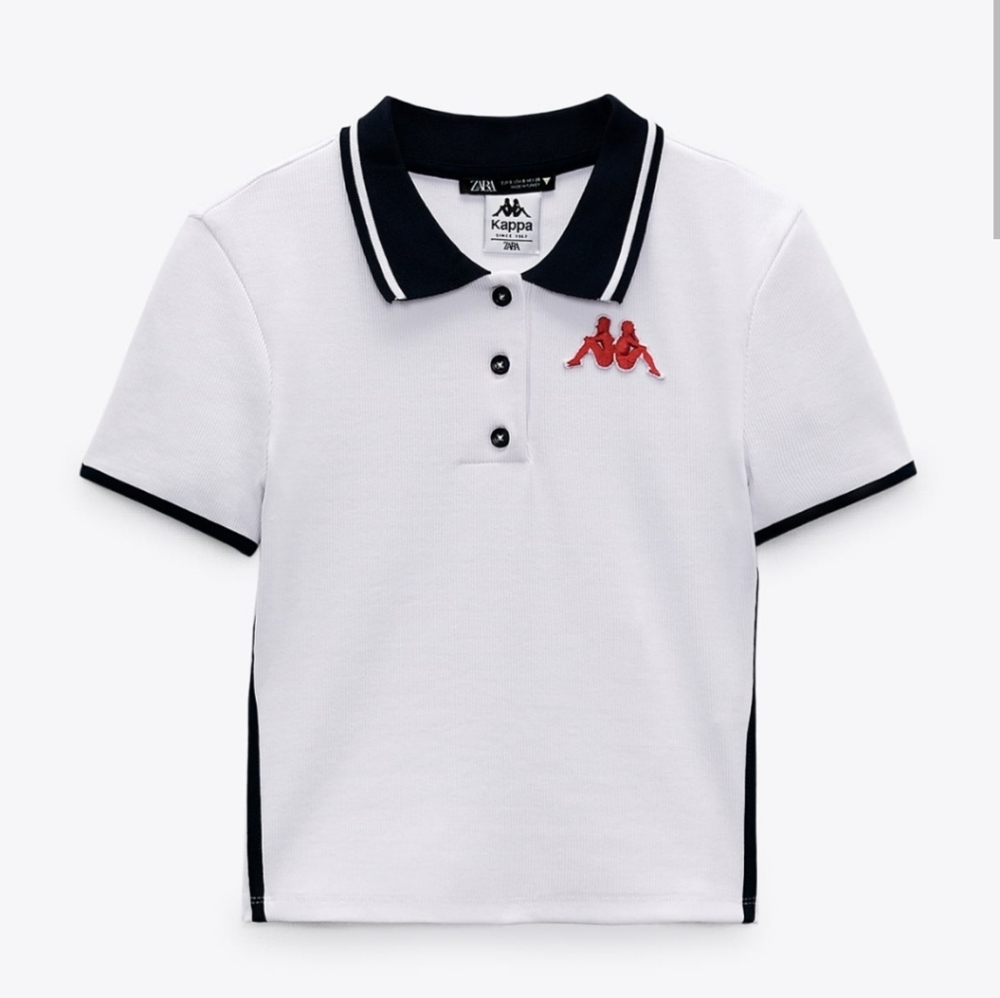 Zara x Kappa Ribbed Crop Polo, White and Navy, Size Small